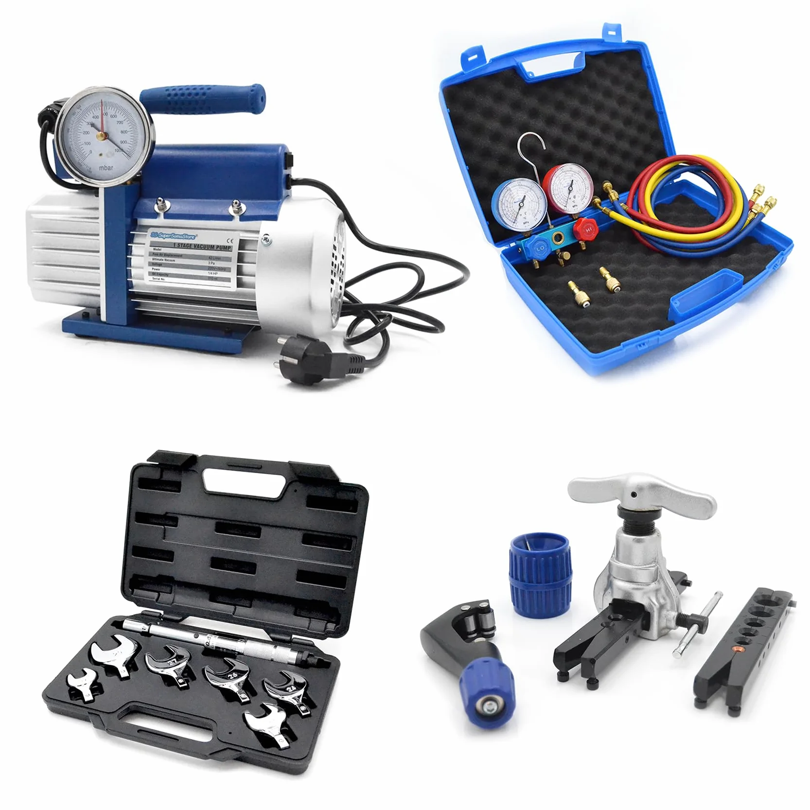 Kit Vuoto Climatizzazione 42 L/min per R32, Set Manometri, Cartellatrice Professionale a Frizione e Chiave Dinamometrica