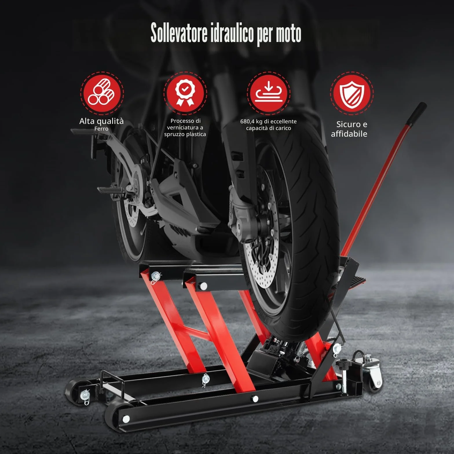 Sollevatore idraulico per moto 680 kg carico staffa regolabile 115-365 mm