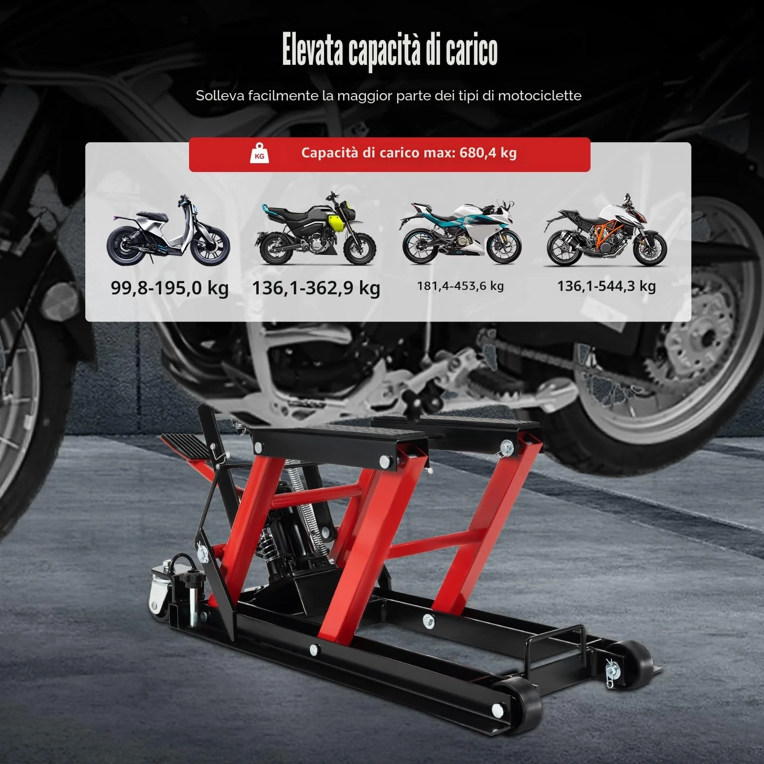 Sollevatore idraulico per moto 680 kg carico staffa regolabile 115-365 mm
