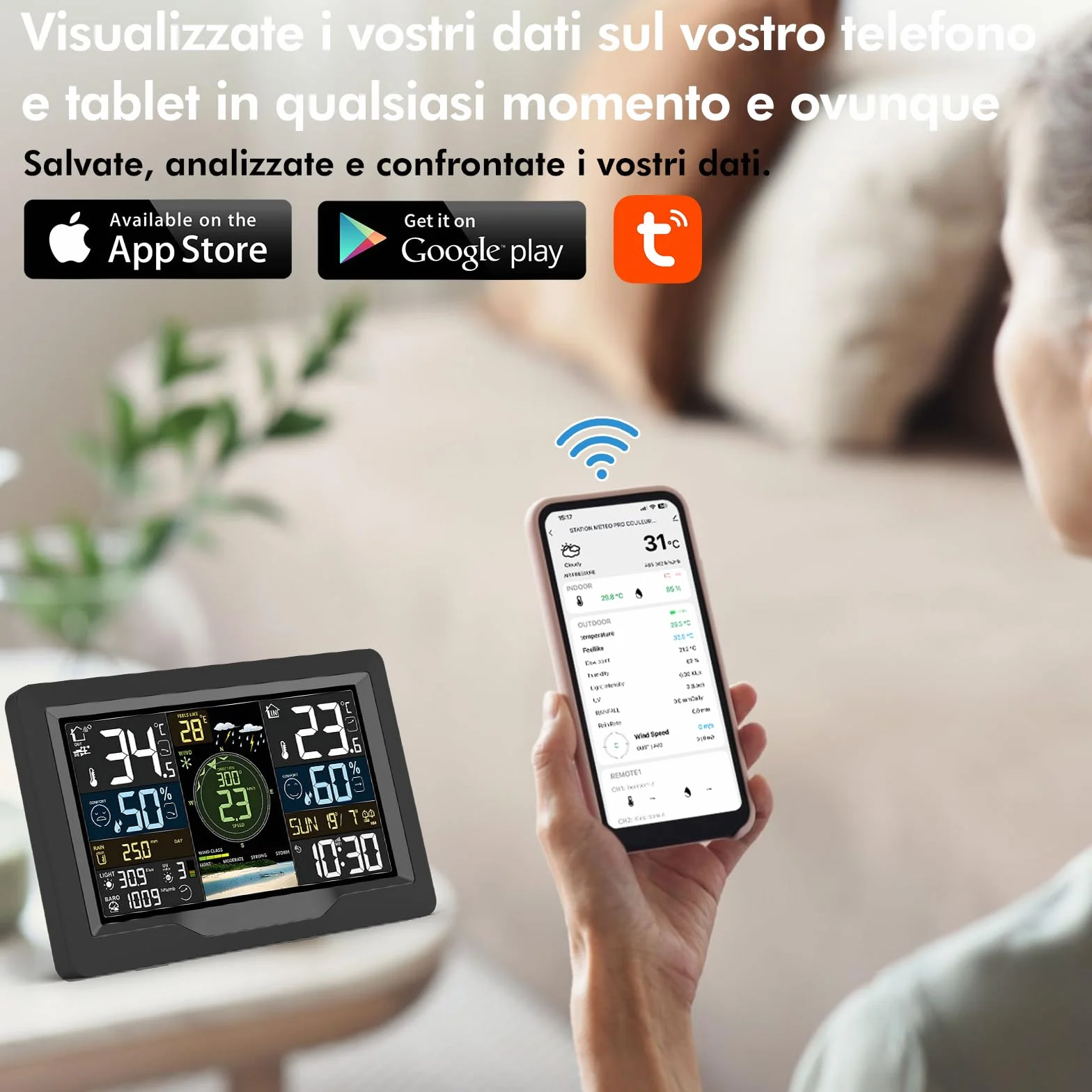 jely Stazione Meteo Professionale Wifi con App, Stazione Meteo con Sensore Esterno 7 in 1, 4 Luminosità Regolabili, Termometro, Igrometro, Anometro, Pluviometro, Barometro, Previsione del Tempo