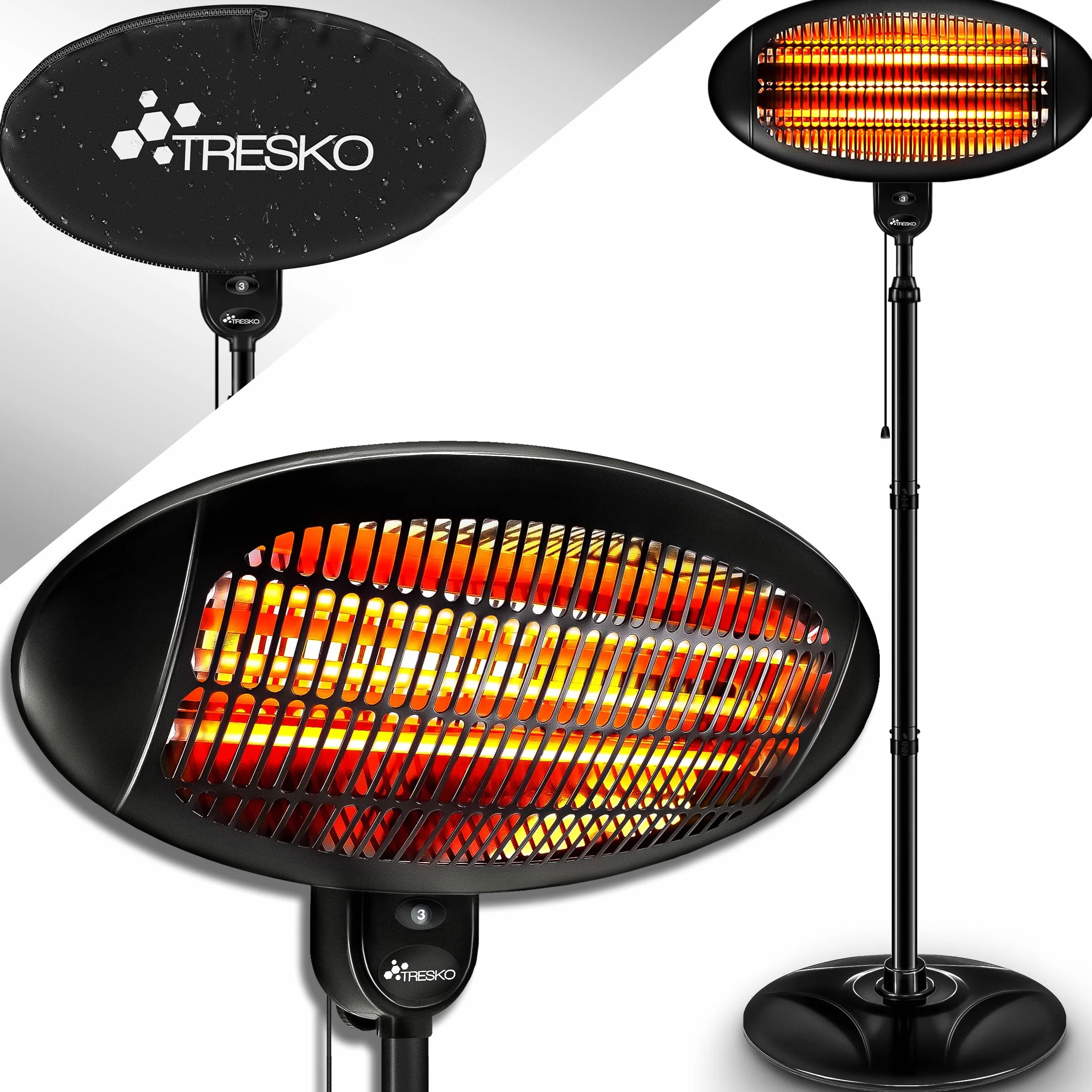 TRESKO Stufa a Infrarossi 2000W Riscaldatore elettrico con 3 Livelli di Calore per Esterno e Interno