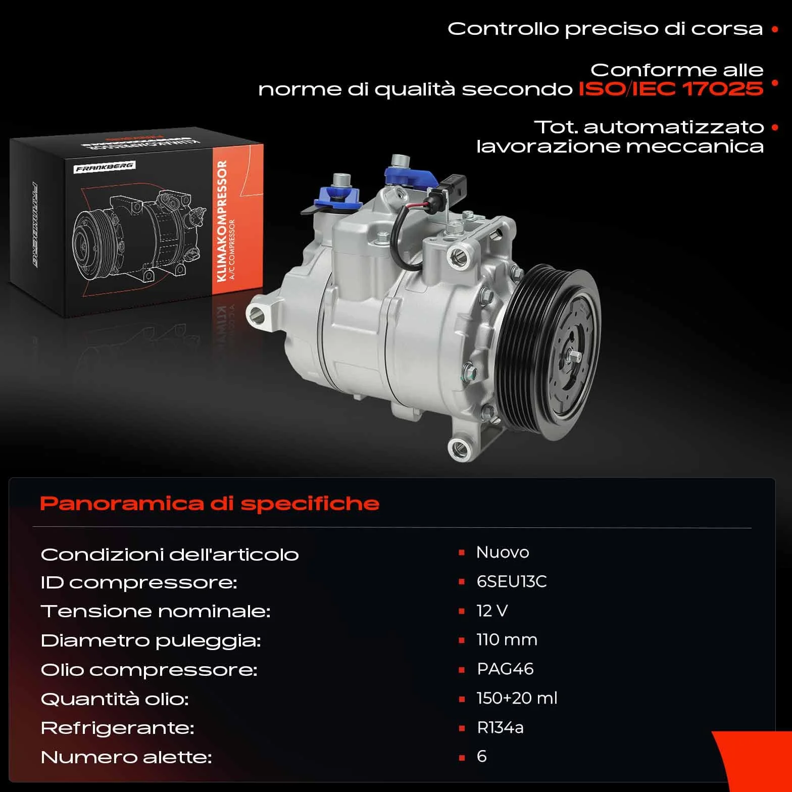 Frankberg Compressore dell'aria condizionata con frizione Compatibile Fabia II A3 8P1 A6 Allroad C6 Ibiza IV Leon 1P1 1K0820803J