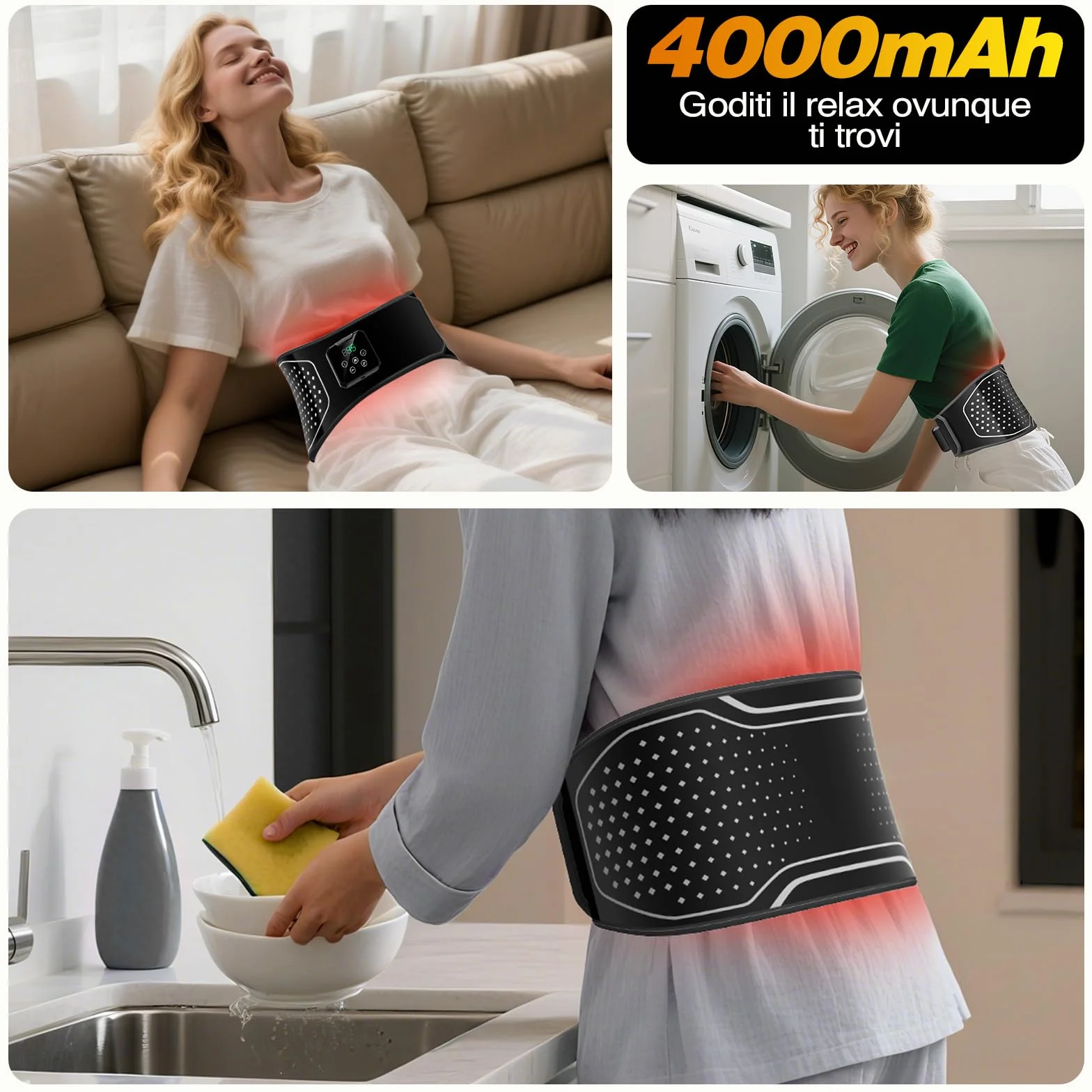 Cintura Massaggiante Lombare Senza Fili con Calore – Cuscino Termico Elettrico con 3 Modalità di Massaggio ad Aria e 4 Livelli Temperatura per Alleviare il Mal di Schiena e la Sciatica