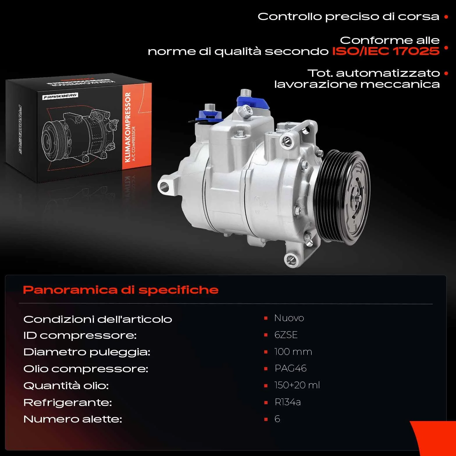 Frankberg Compressore dell'aria condizionata Compatibile A4 8EC B7 8K2 B8 8KH B8 8ED B7 8K5 B8 8H7 8HE Exeo 3R2 3R5 A6 4F2 C6 4F5 C6 A5 8T3 8F7 4F0260805AA con olio preconfezionato