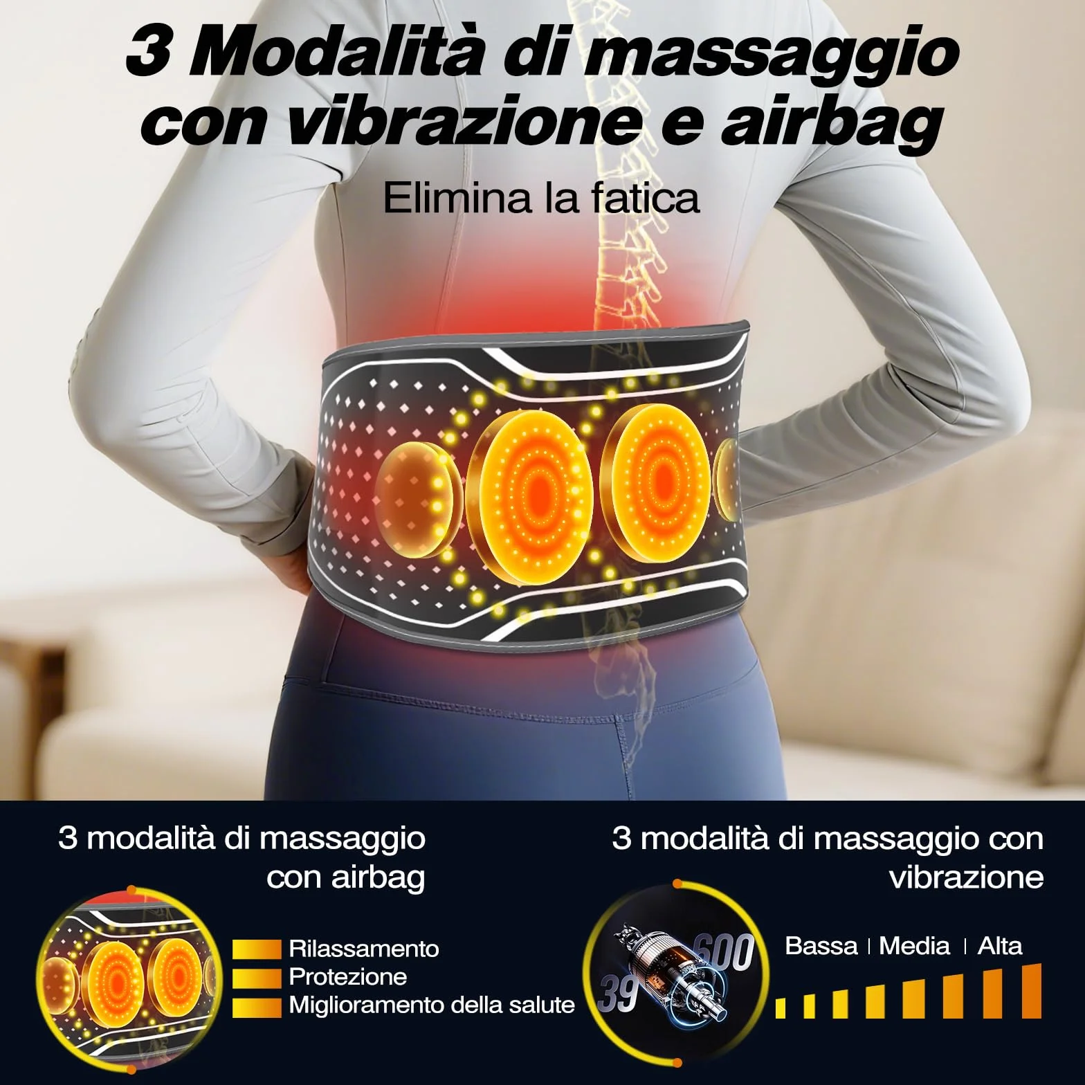 Cintura Massaggiante Lombare Senza Fili con Calore – Cuscino Termico Elettrico con 3 Modalità di Massaggio ad Aria e 4 Livelli Temperatura per Alleviare il Mal di Schiena e la Sciatica