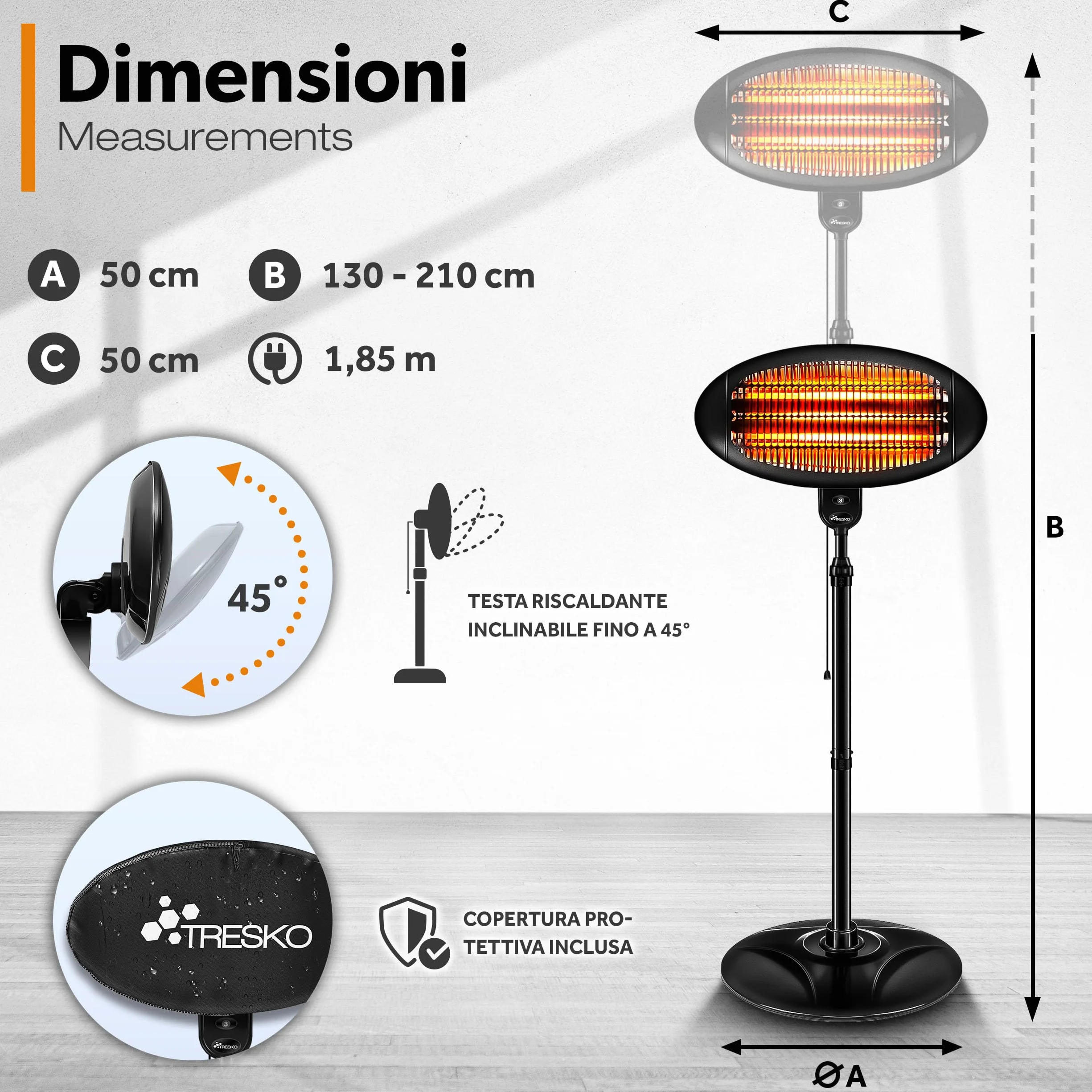 TRESKO Stufa a Infrarossi 2000W Riscaldatore elettrico con 3 Livelli di Calore per Esterno e Interno